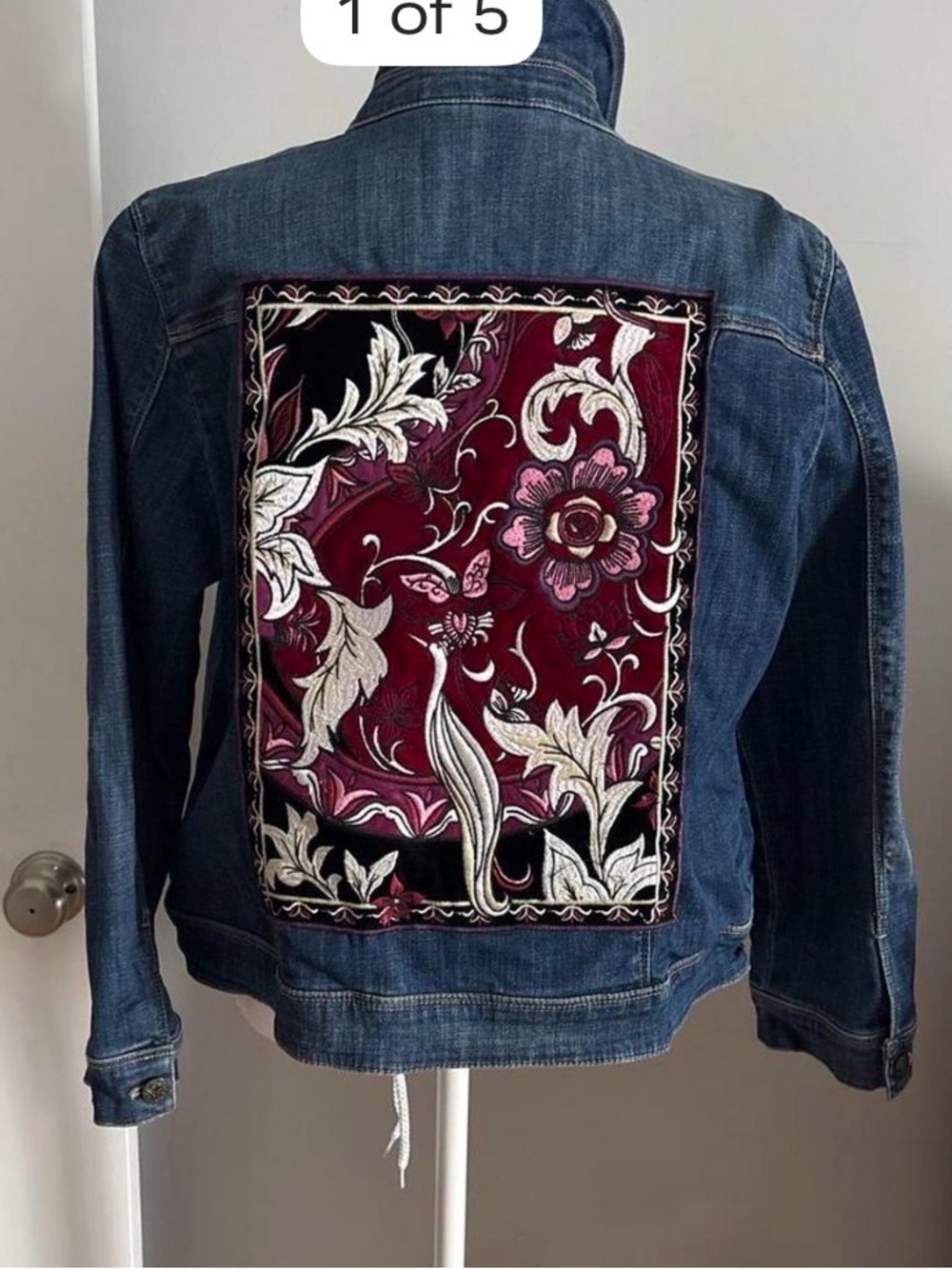 Chico's Denim Jacket with Embroidered Burgundy, Pink & Cream Panel